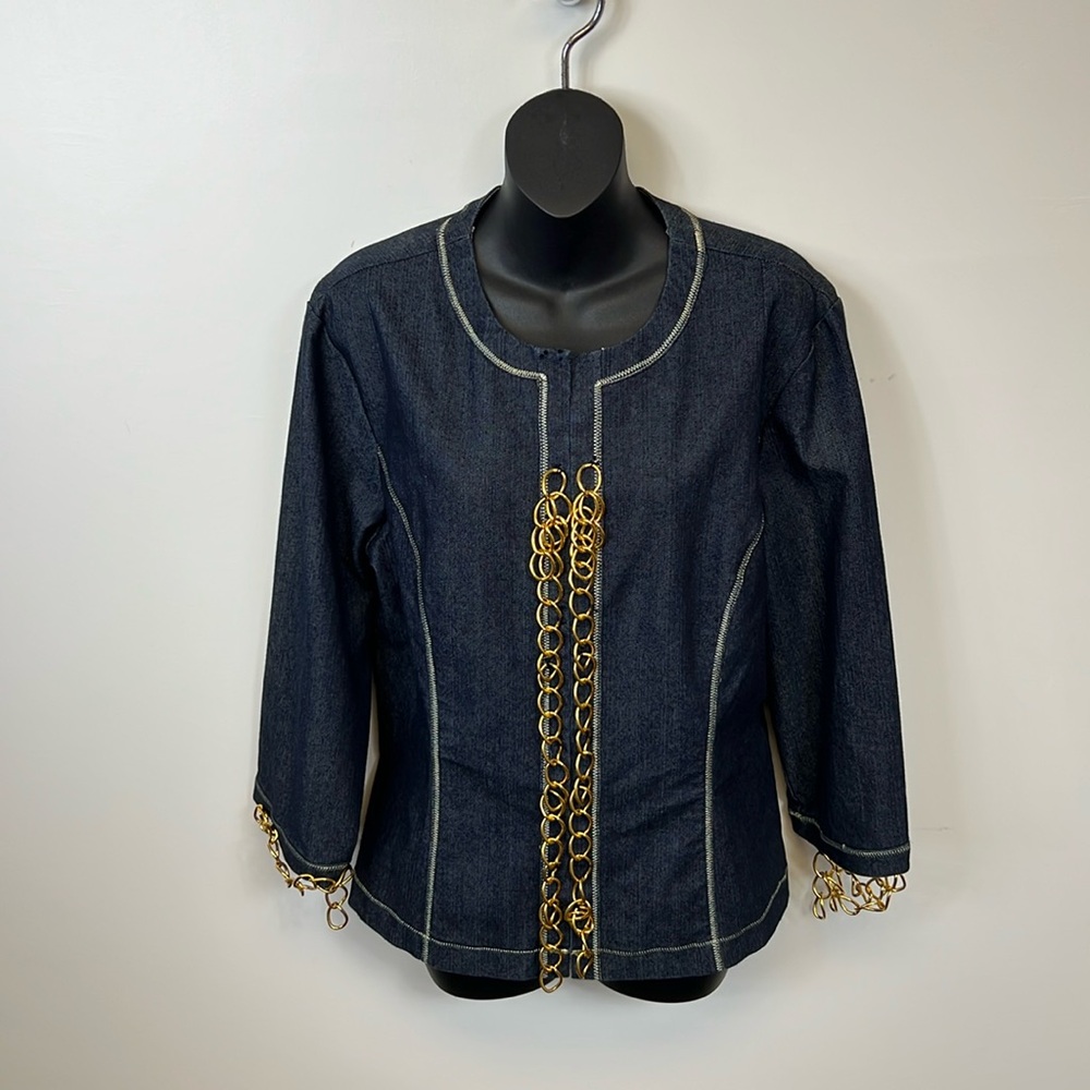 Multiples Flashy Flirty Bold Denim Jacket with Gold Chains and Zipper Size L